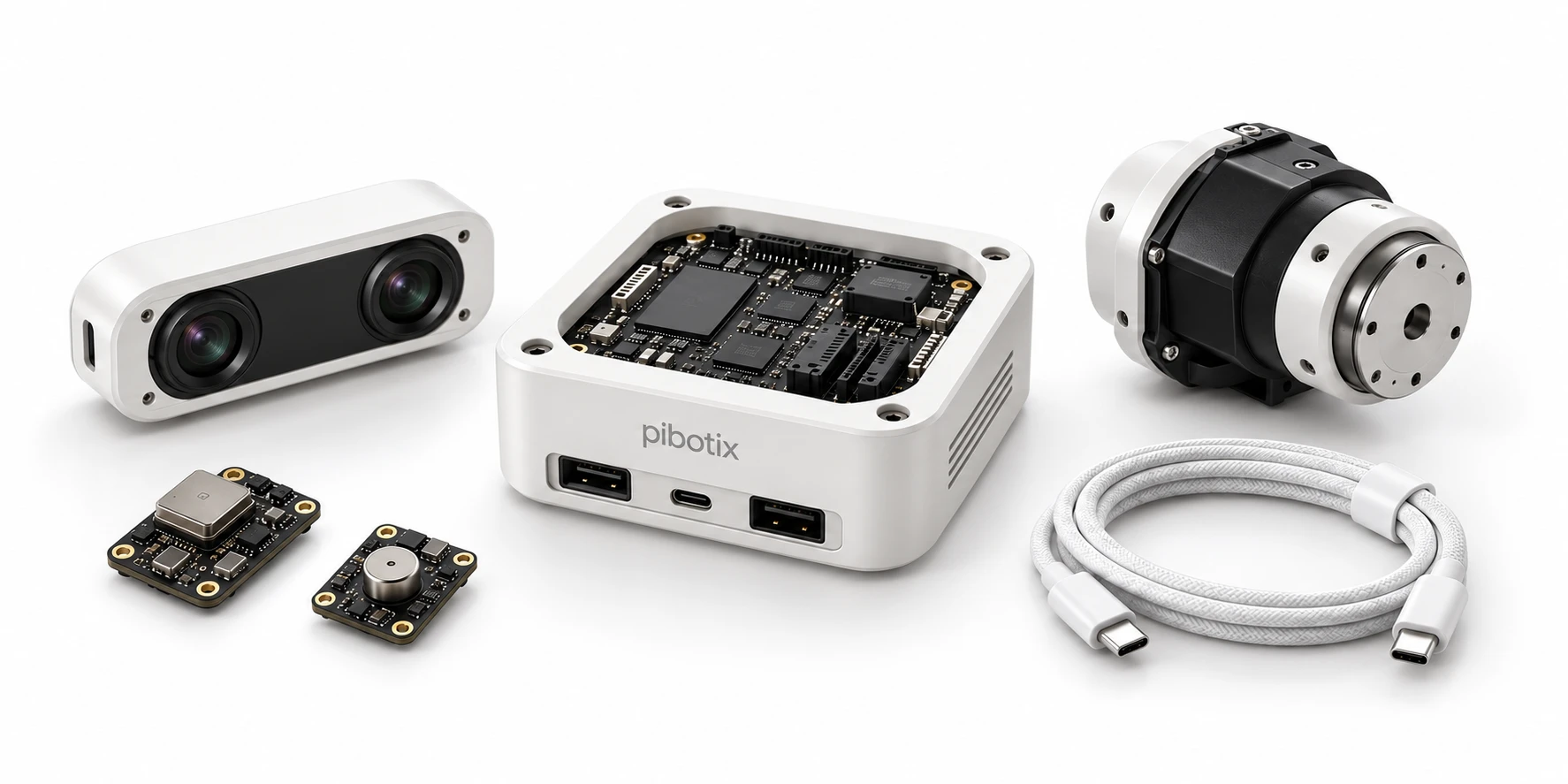 Pibotix modular robotics kit design: a pearl-white compute enclosure with an exposed circuit board, stereo camera, actuator joint, two sensor boards and a coiled USB-C cable.