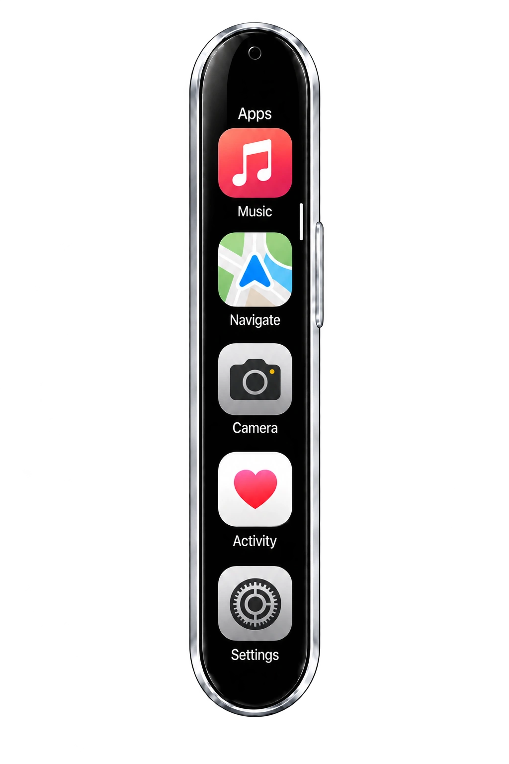 A scrolled ENYO launcher with iOS-style Navigate, Camera, Activity and Settings icons.