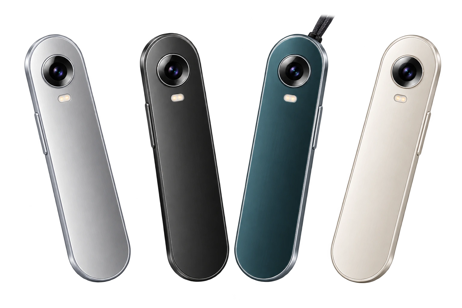 Four ENYO finish concepts, with matching capsule silhouettes and rear cameras: silver, graphite, deep teal and porcelain.