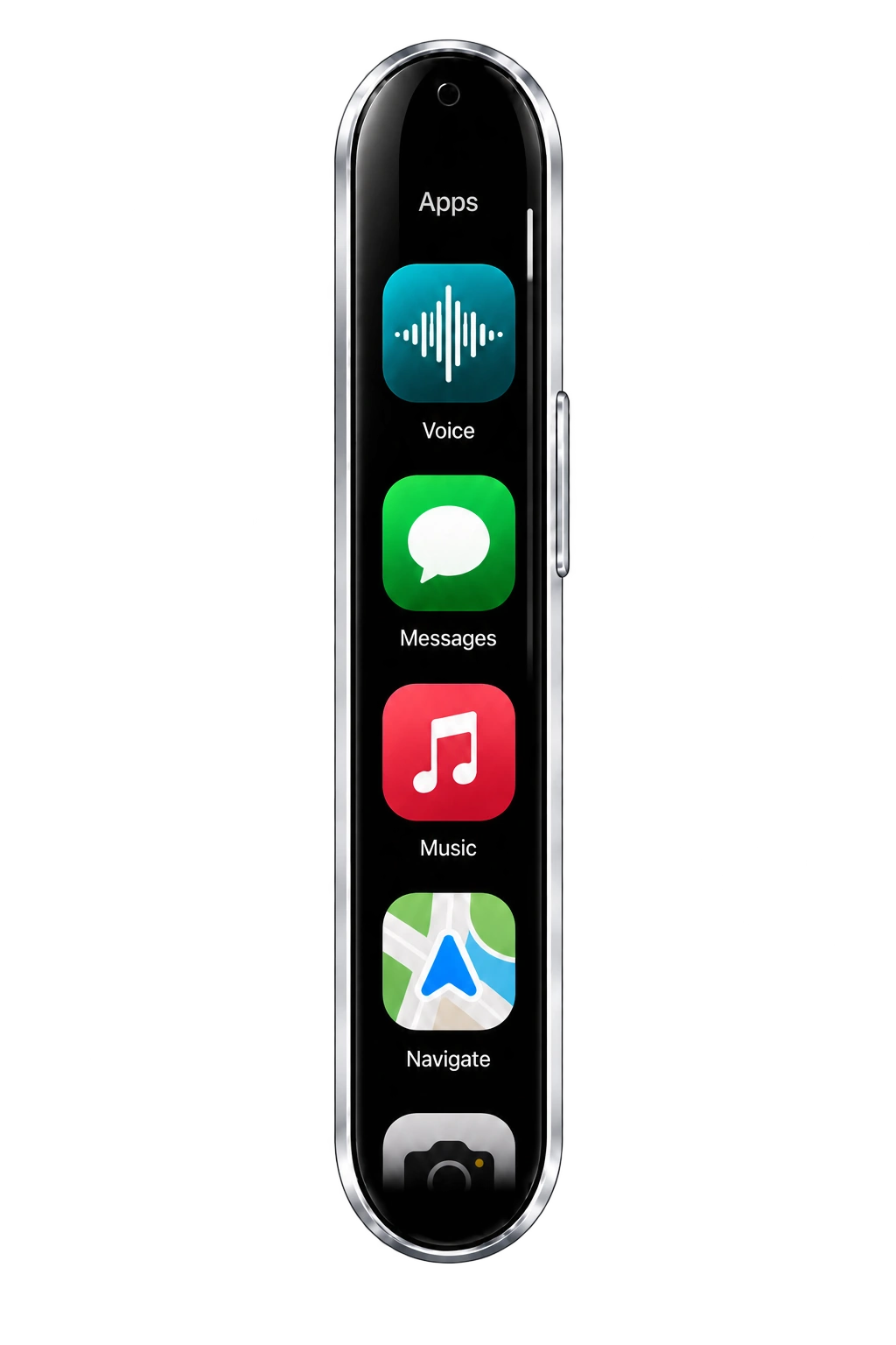 ENYO’s app launcher with rounded Voice, Messages, Music and Navigate icons.