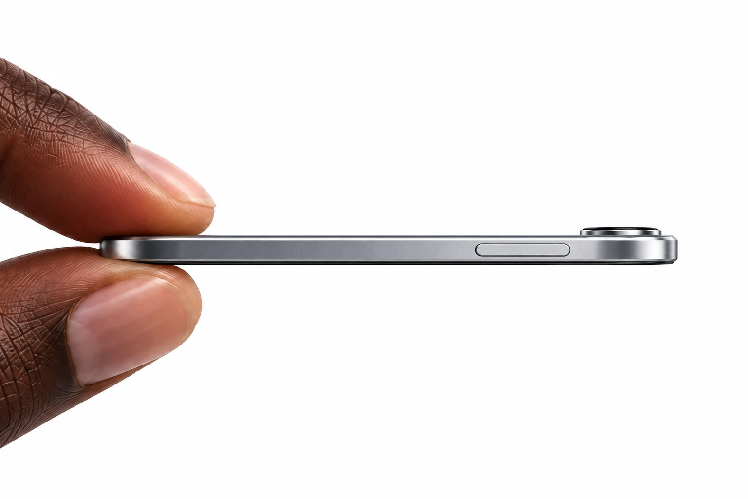 ENYO held gently between fingertips, showing its thin silver edge, flush side control and raised camera ring.