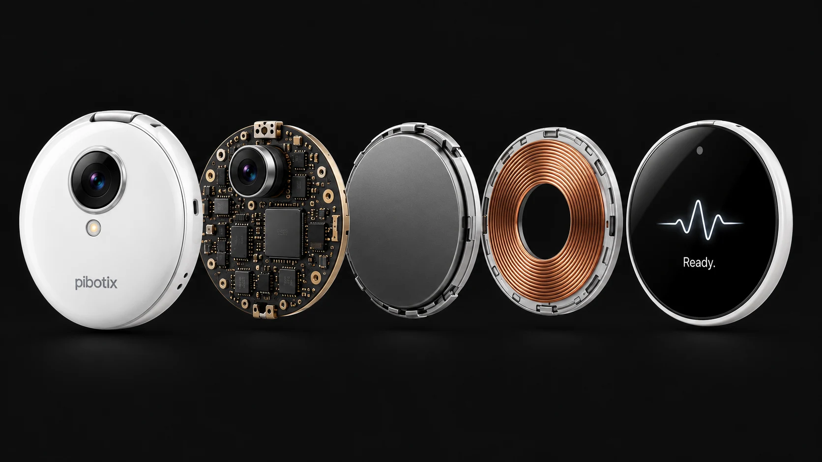 An illustrative exploded view of Loop, separating five circular layers: white outer shell, camera and circuit board, power layer, copper charging coil and black display.