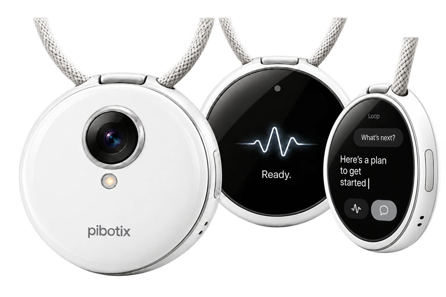 Three Loop pendant views showing its white camera face, voice display and dark AI chat screen.
