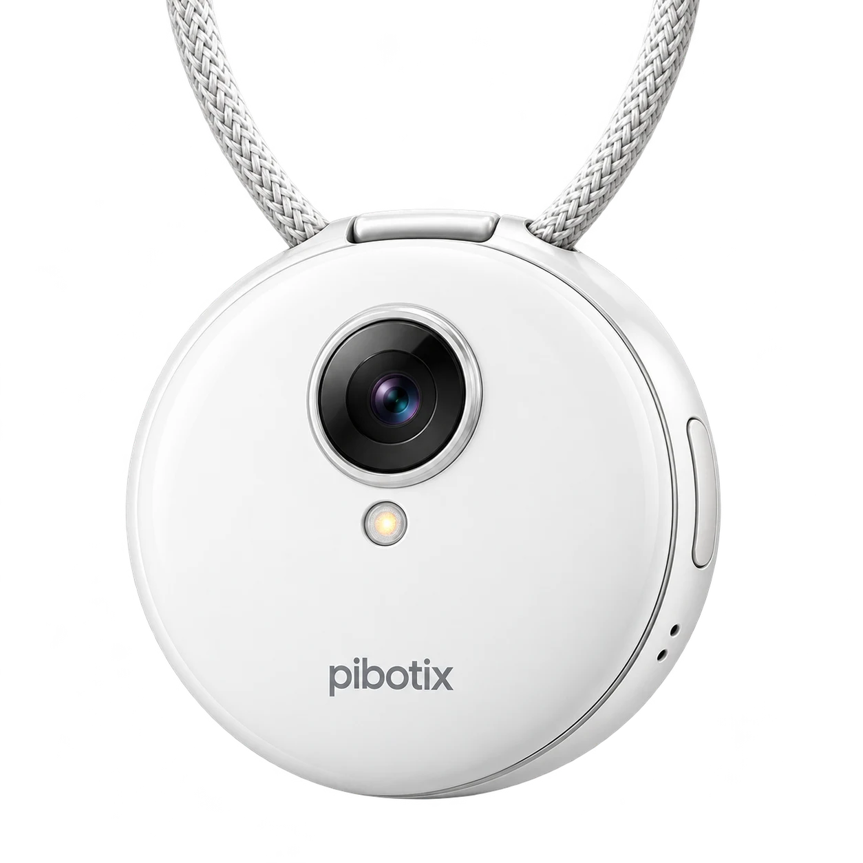 The Loop concept: a round white pendant with a camera, a discreet side control and an integrated braided cord.