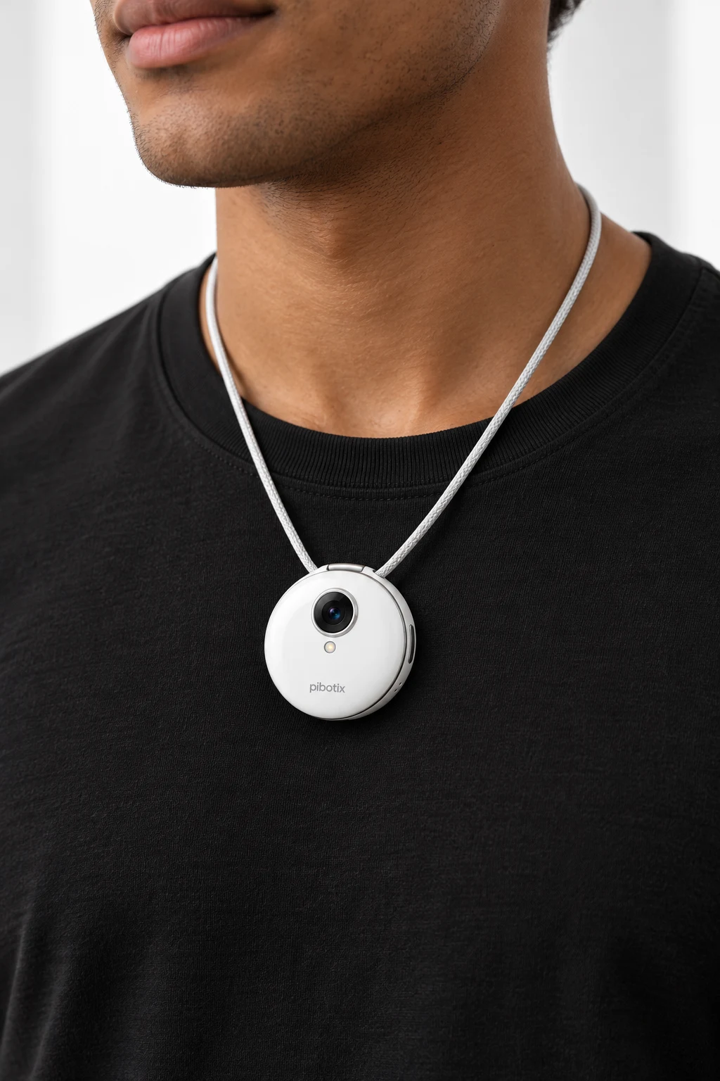 Loop resting at the chest on a fine white cord, worn over a black shirt.