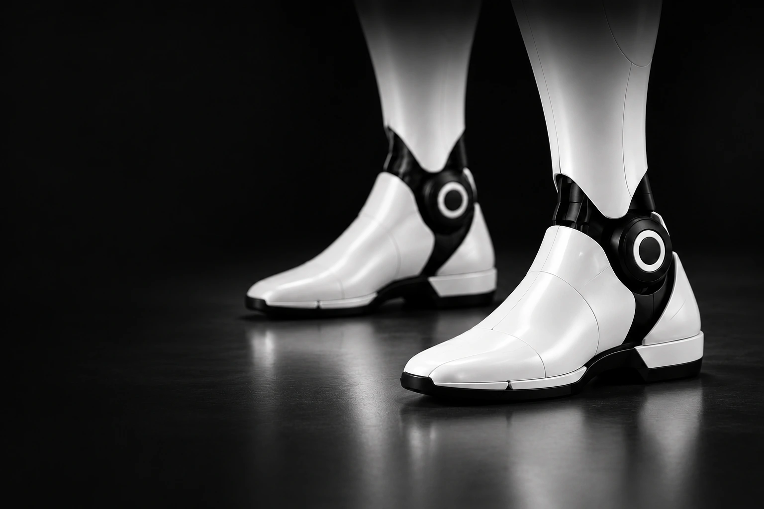 Modanu’s pearl-white feet and circular ankle joints, resting on a dark reflective floor.