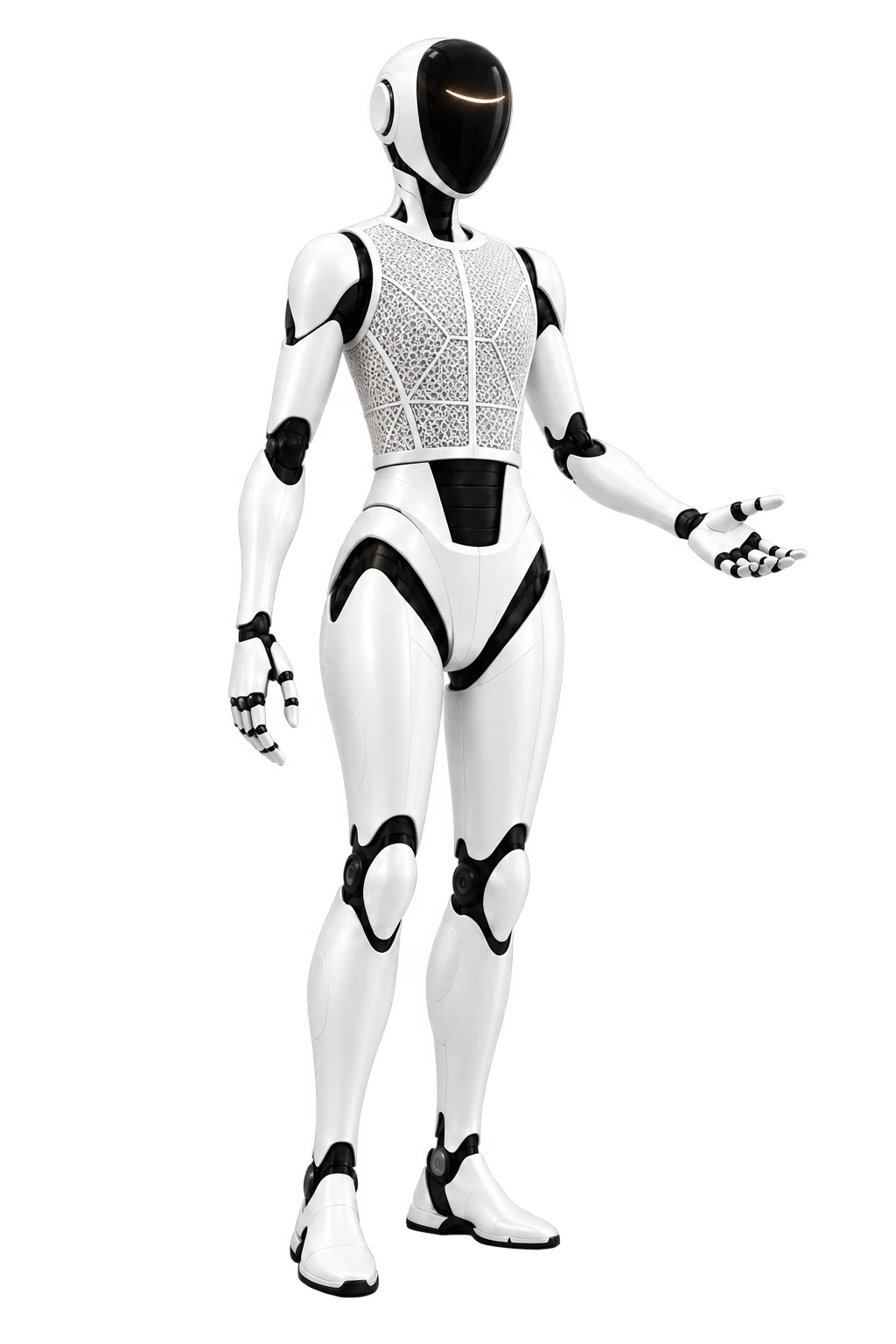 Modanu standing in pearl-white armor, with a black visor, lattice torso and articulated hands and legs.