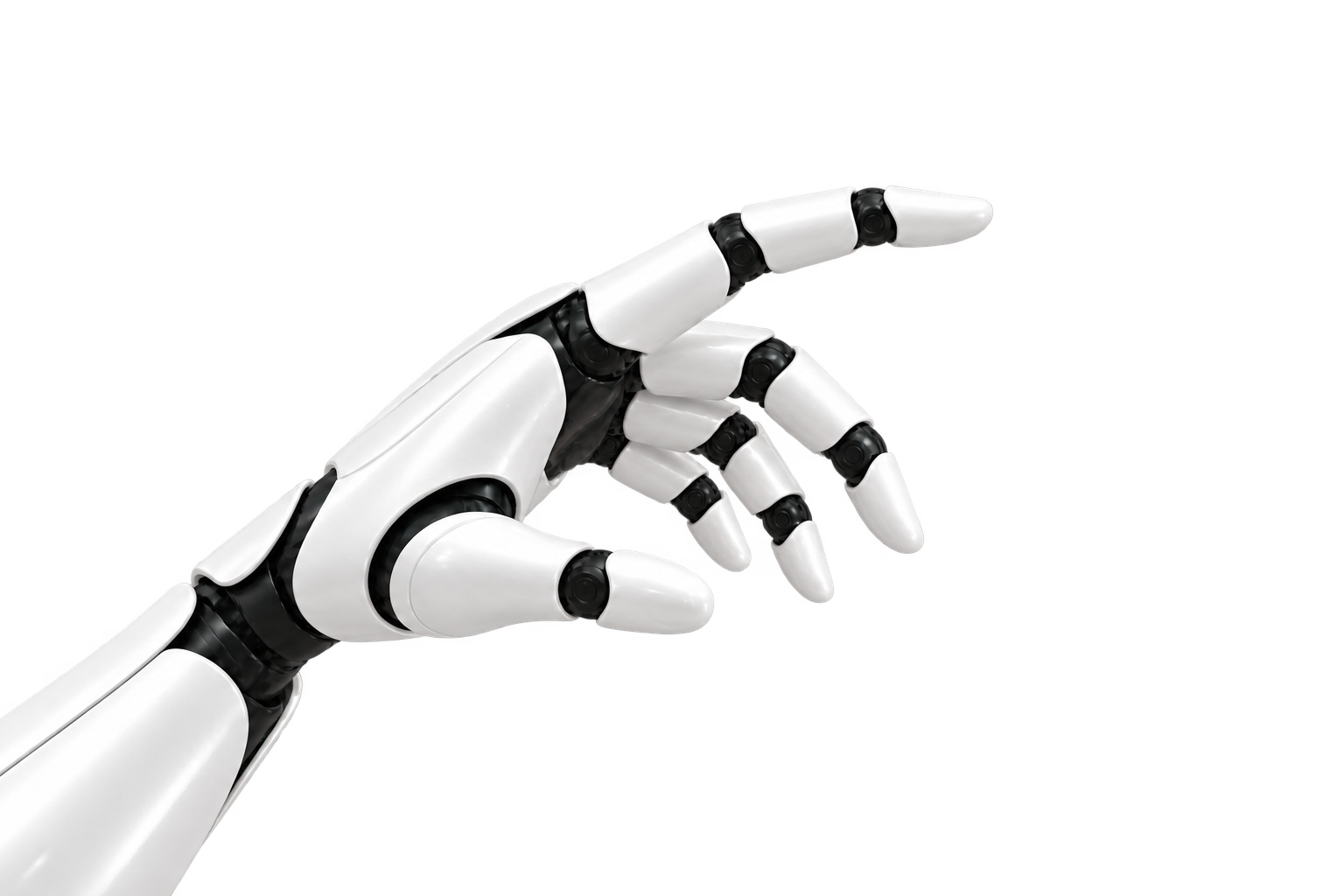 A pearl-white Modanu hand reaches from the left, with one extended finger, three gently curled fingers and an open thumb, joined by black articulated hinges.
