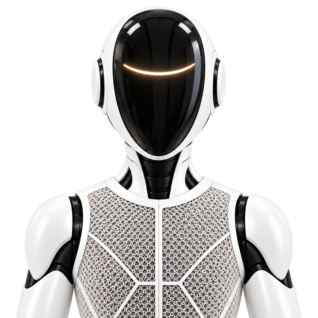 A close view of Modanu’s pearl-white head, glossy black visor and ivory light arc, with its complete shoulder contours below.