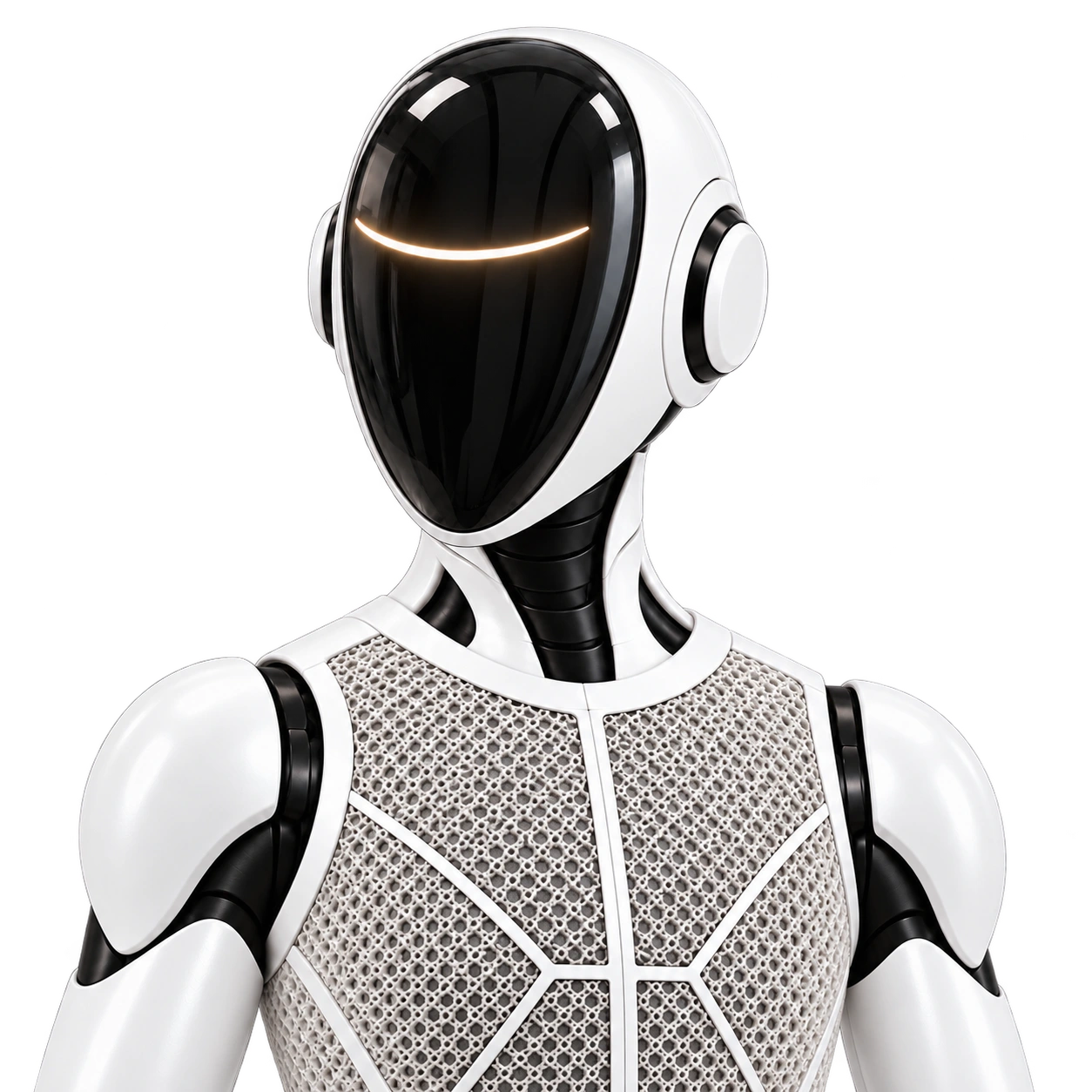 Modanu’s pearl-white head and upper body turn toward the other robot’s raised hand, with a glossy black visor and glowing ivory arc.