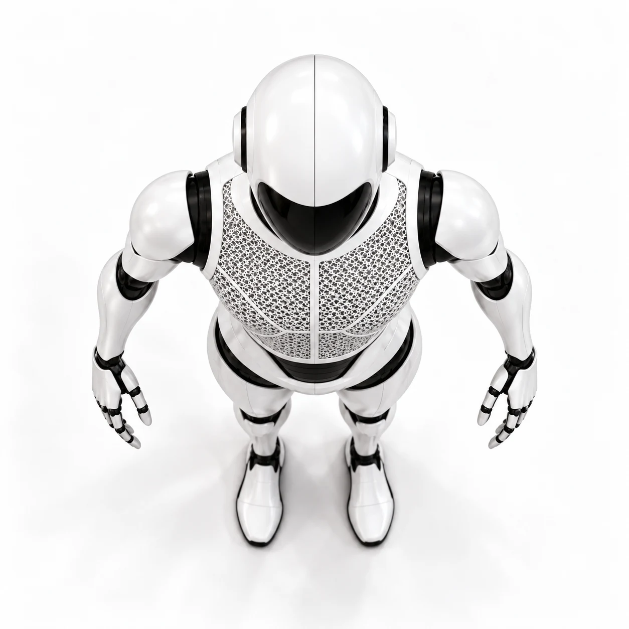 An overhead view of Modanu’s shoulders, hands and detailed torso.
