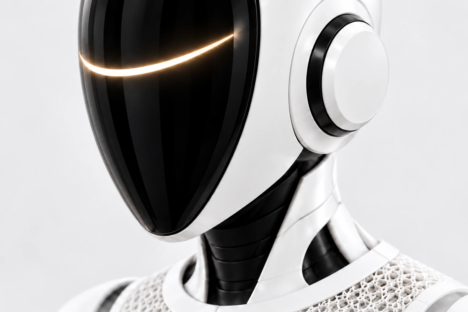 A close view of Modanu’s black visor, ivory light arc and circular side module.
