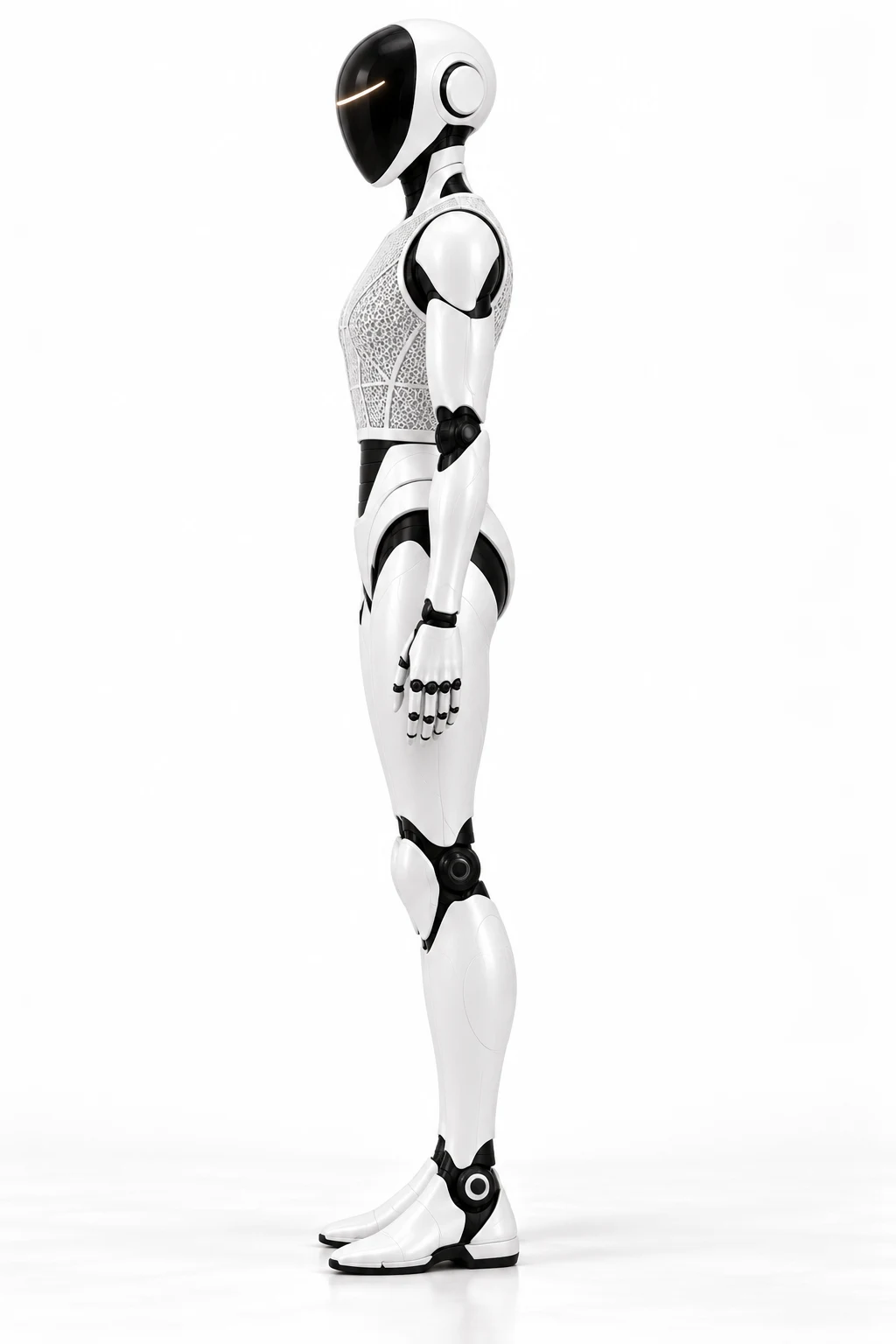 Modanu’s full-length pearl-white side profile.