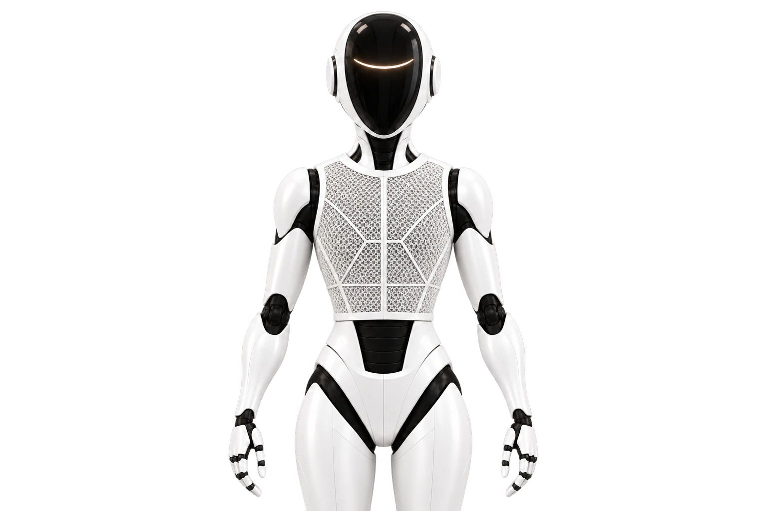 Modanu’s pearl-white upper body, with a black visor, lattice torso and complete arms and hands.